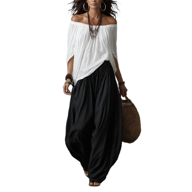 Ensemble T-shirt mode asymétrique et pantalon ample pour femme, tenue décontractée élégante deux pièces à manches longues