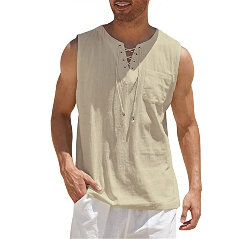 Nouveau débardeur pour homme, chemise en dentelle, mode unie en coton et chanvre, t-shirt à manches courtes
