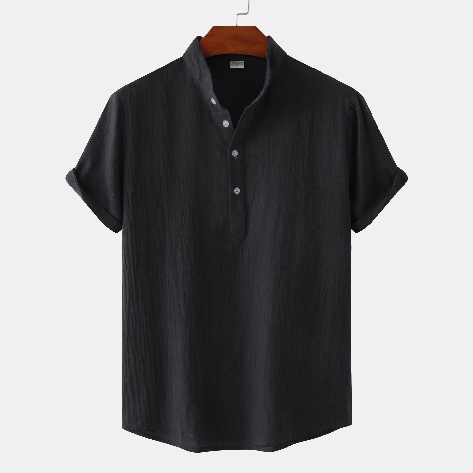Chemise décontractée à col montant et manches courtes en coton et lin pour homme, T-shirt de plage, Vêtements pour hommes
