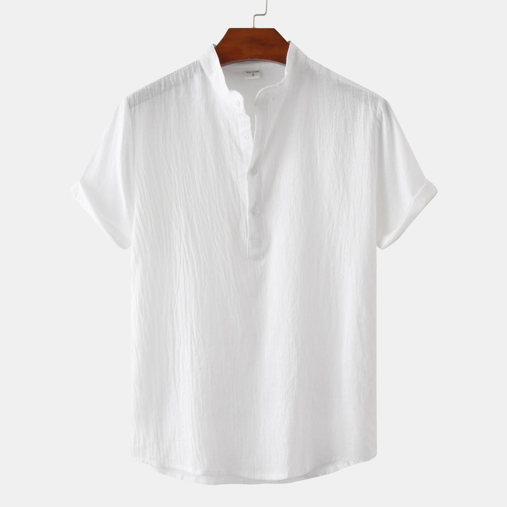Chemise décontractée à col montant et manches courtes en coton et lin pour homme, T-shirt de plage, Vêtements pour hommes