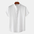 Chemise décontractée à col montant et manches courtes en coton et lin pour homme, T-shirt de plage, Vêtements pour hommes
