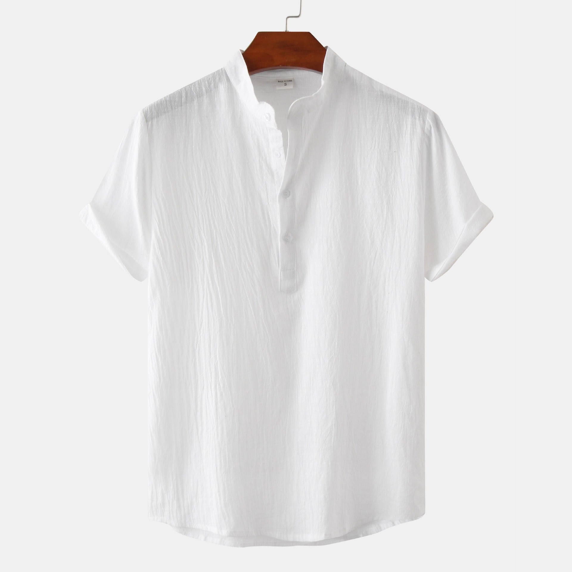 Chemise décontractée à col montant et manches courtes en coton et lin pour homme, T-shirt de plage, Vêtements pour hommes