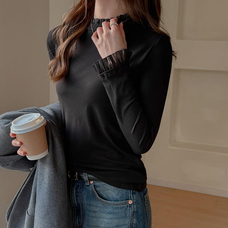 Modest Stand Collar Inner Layer Top for Women, Autumn/WinterPure and Sexy Look, Lace Trim, White, Long Sleeve Shirt