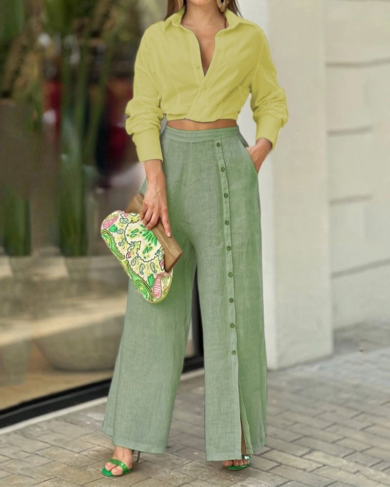 Ensemble deux pièces décontracté européen et américain pour femmes : chemise à revers de couleur unie et pantalon ample