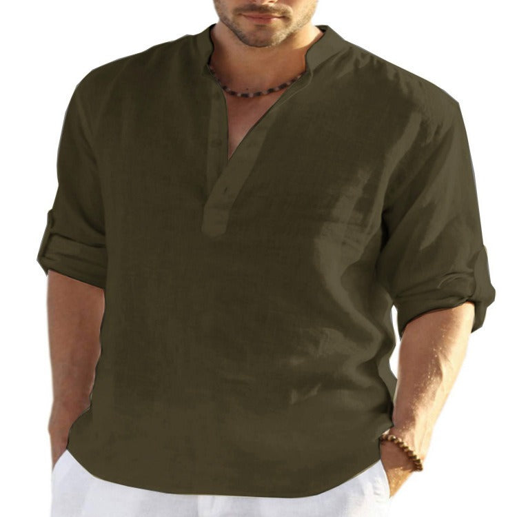 T-shirt en lin pour homme, manches longues, coupe ample, couleur unie, coton et lin, grande taille