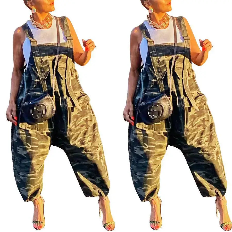 Combinaison longue ample pour femmes, nouvelle combinaison printemps-été sans manches dos nu imprimé camouflage