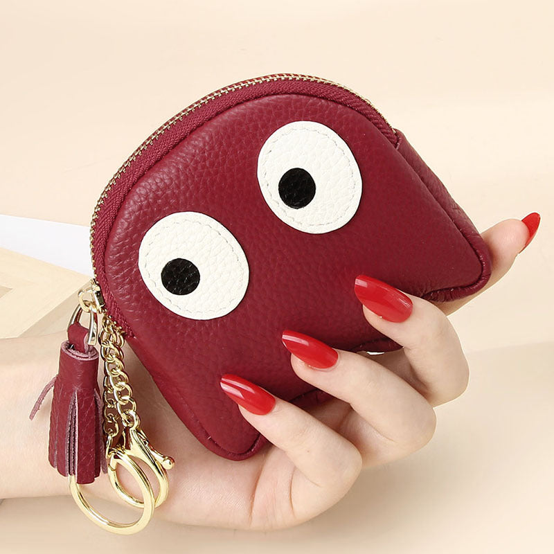 Mini porte-monnaie créatif en cuir avec fermeture éclair et motif dessin animé, porte-clés Ins mignon, étui rigide en cuir véritable pour femmes