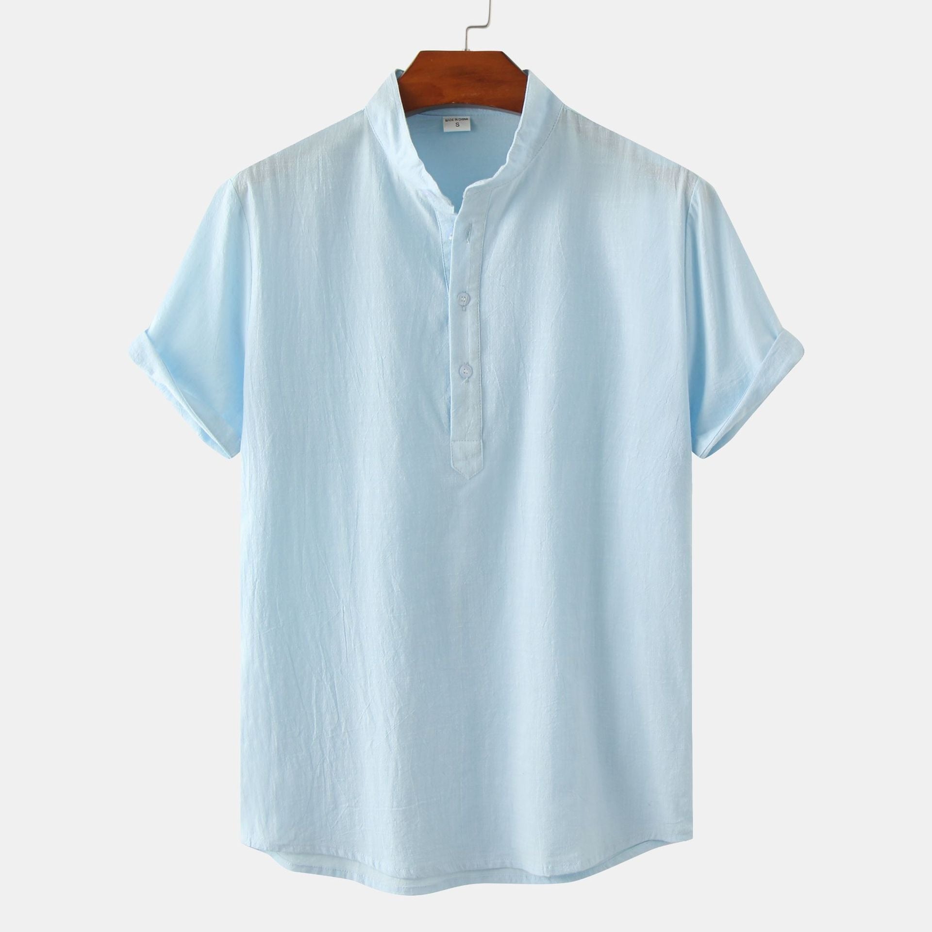 Chemise décontractée à col montant et manches courtes en coton et lin pour homme, T-shirt de plage, Vêtements pour hommes