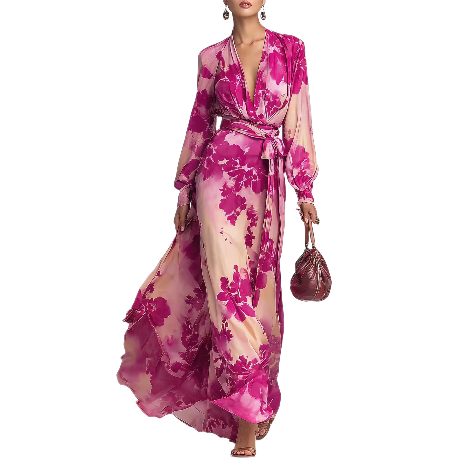 Robe longue en mousseline imprimée à manches longues et col en V avec liens, élégante et chic, nouvelle collection printemps