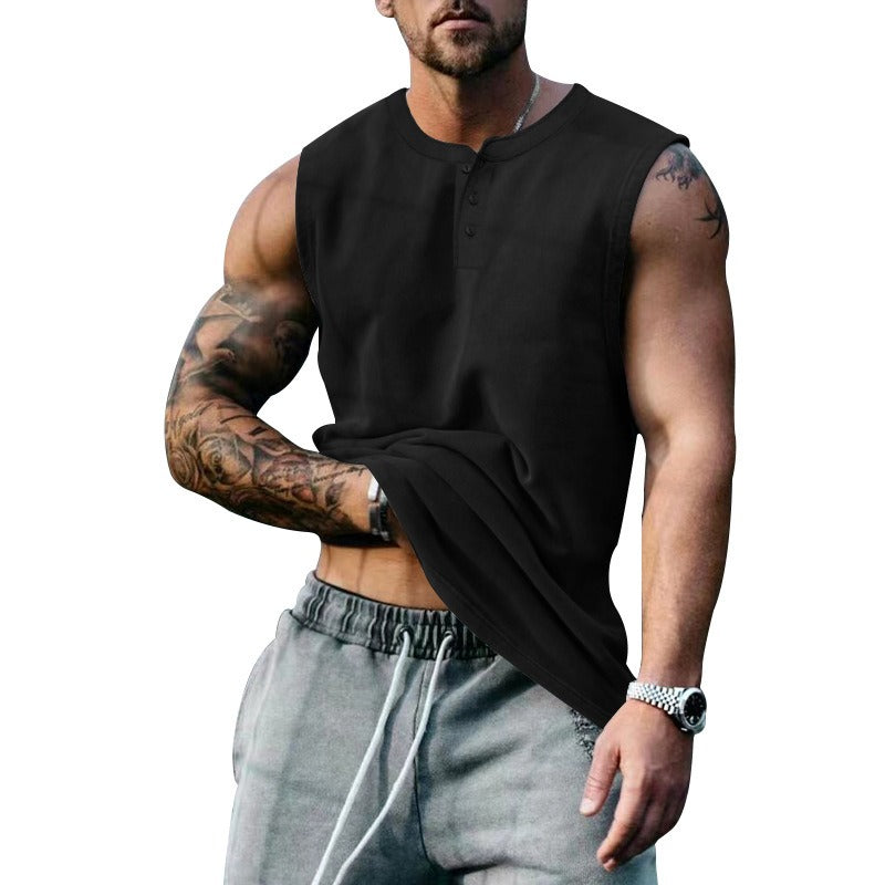 Débardeur de basket-ball de sport d'été pour homme, col rond, boutonné, sans manches, T-shirt pour homme, coupe droite