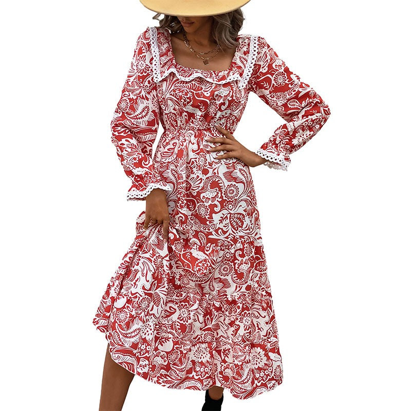 Robe longue fleurie à manches longues en dentelle patchwork et col carré pour femmes