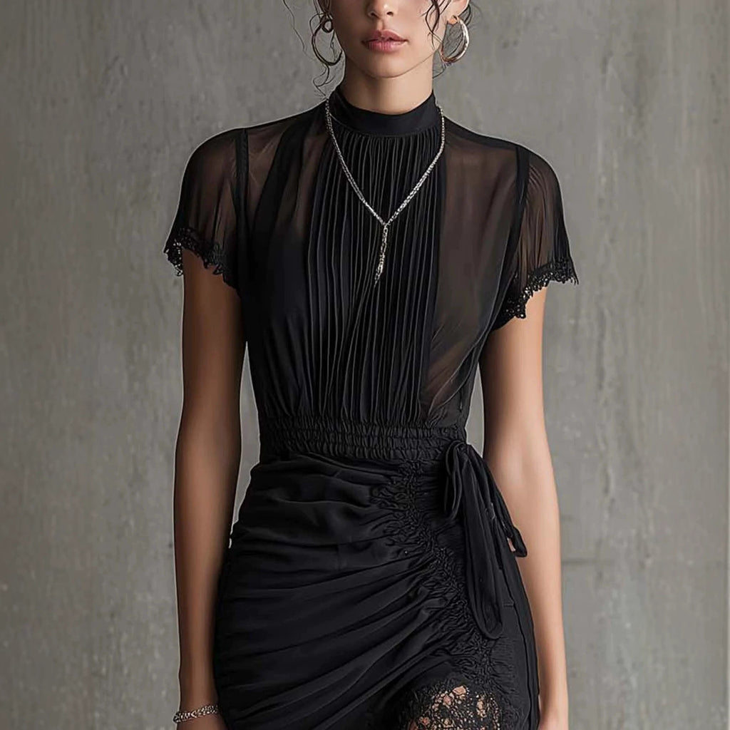 Nouvelle robe européenne noire transparente en dentelle patchwork, coupe slim et longue, jupe fendue avec dentelle