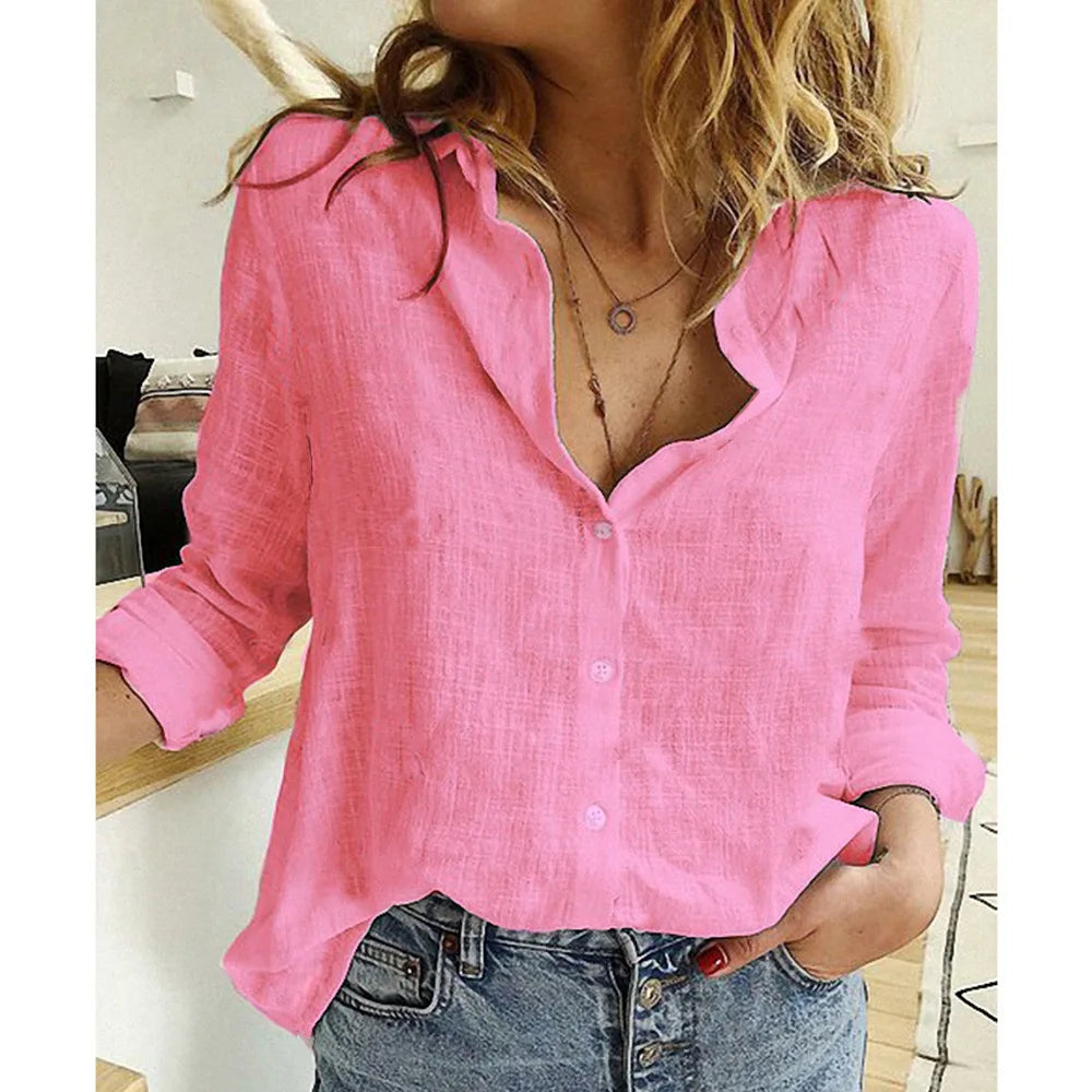 Chemisier décontracté en coton et lin pour femme, haut à revers et boutons, manches longues, coupe ample, grande taille, pour le printemps