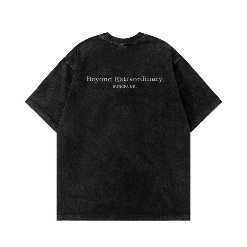 Handprint printed letters for vintage loose fitting men's and women's T-shirts