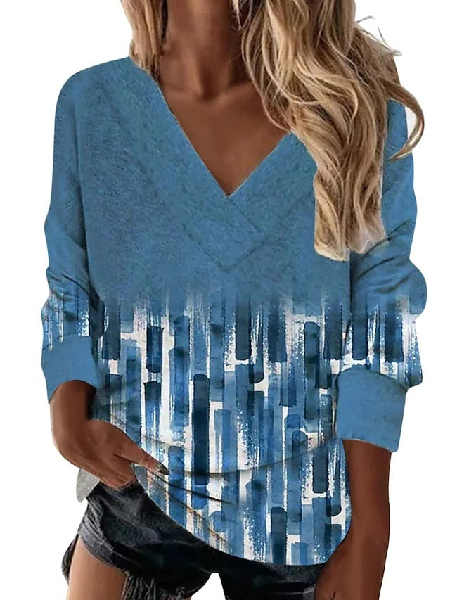 European and American Womens Retro Geometric Printing Ethnic Style V Neck Long Sleeved Loose T Shirt Top For Women