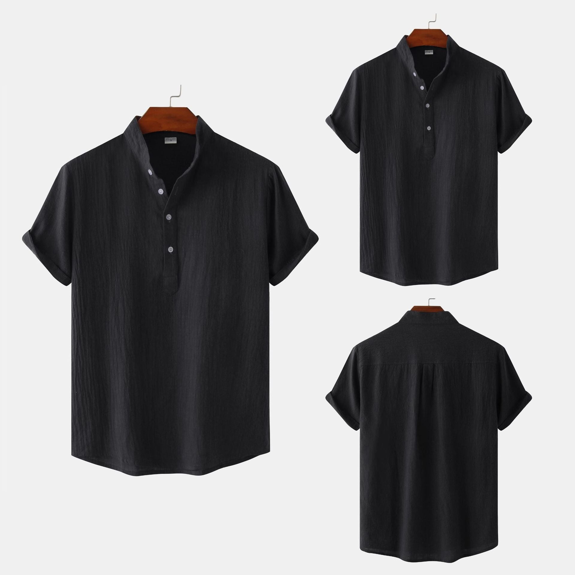 Chemise décontractée à col montant et manches courtes en coton et lin pour homme, T-shirt de plage, Vêtements pour hommes
