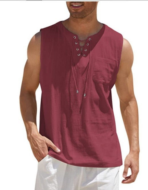 Nouveau débardeur pour homme, chemise en dentelle, mode unie en coton et chanvre, t-shirt à manches courtes