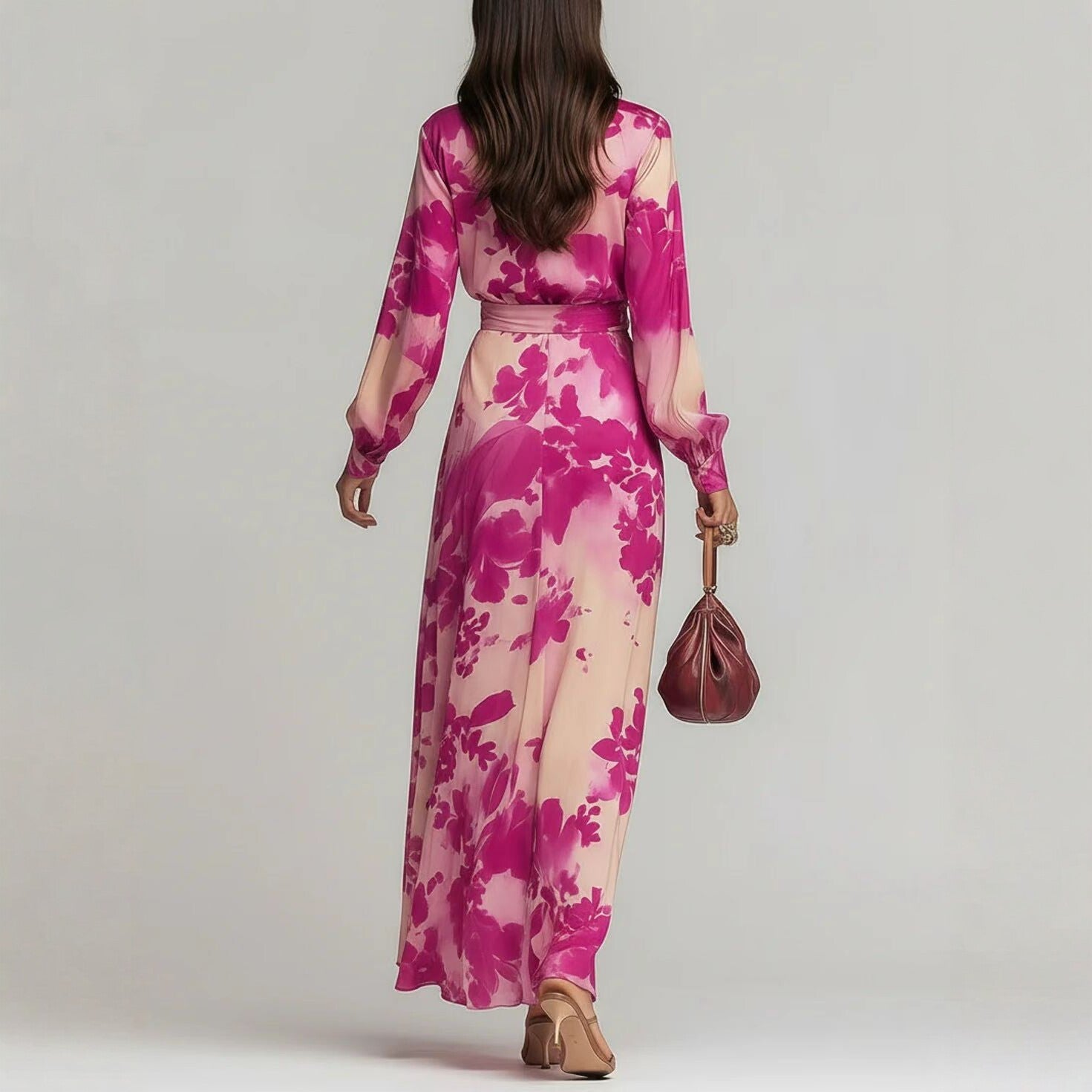 Robe longue en mousseline imprimée à manches longues et col en V avec liens, élégante et chic, nouvelle collection printemps