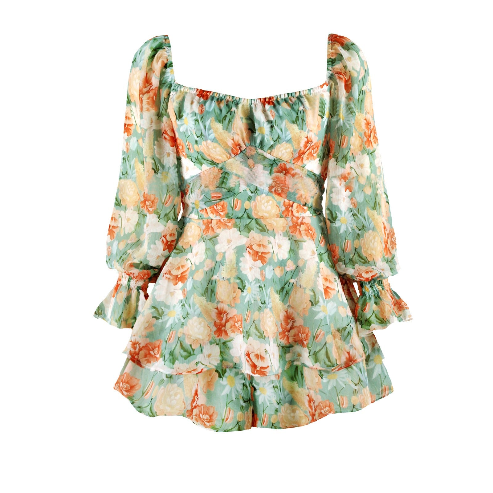Nouvelle Combinaison Short à Fermeture Éclair et Bretelles à Manches Longues Imprimé Floral Numérique pour Femme, Style Européen et Américain