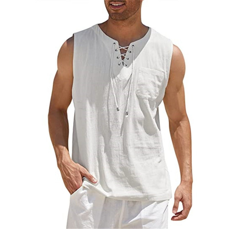 Nouveau débardeur pour homme, chemise en dentelle, mode unie en coton et chanvre, t-shirt à manches courtes
