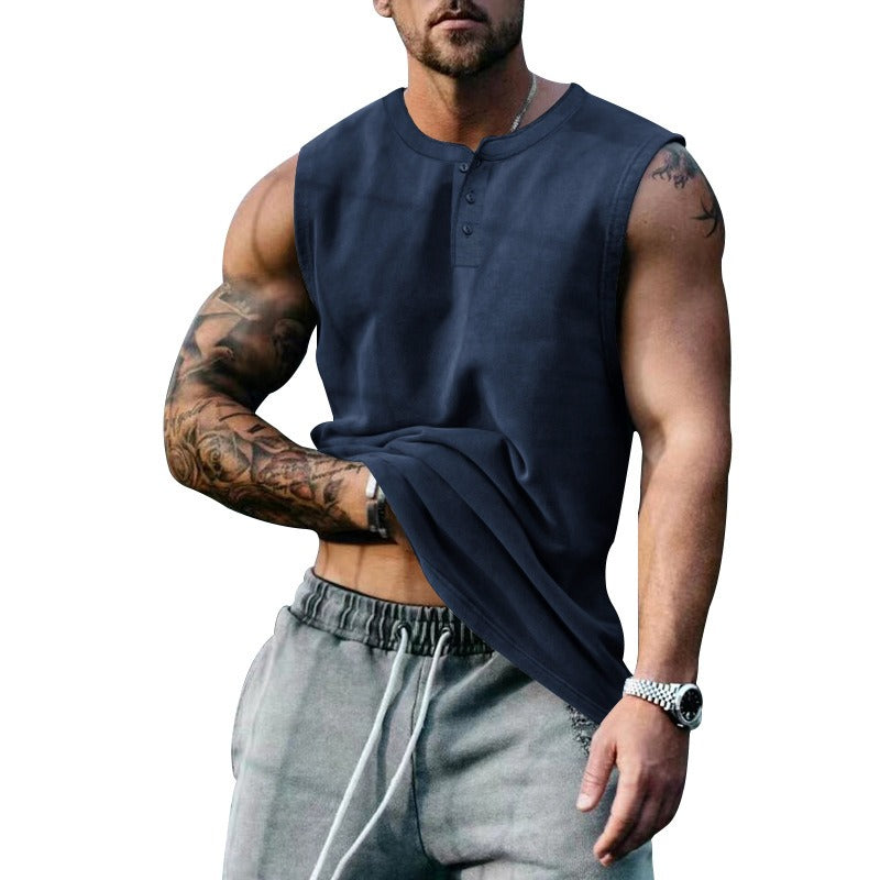 Débardeur de basket-ball de sport d'été pour homme, col rond, boutonné, sans manches, T-shirt pour homme, coupe droite