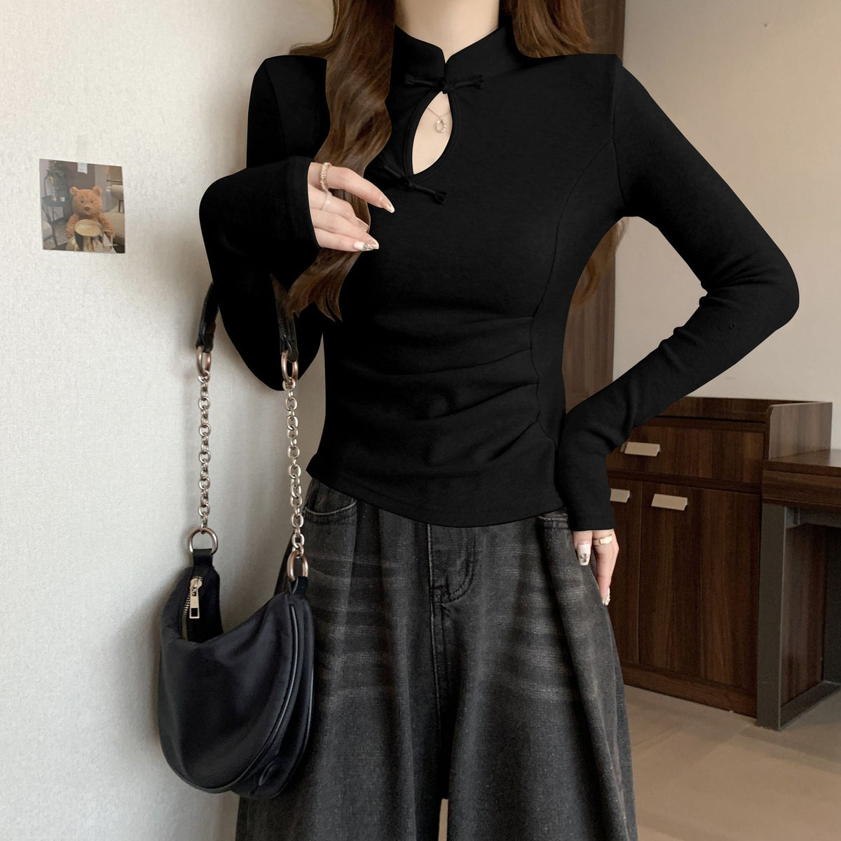 Women's Solid Color Long Sleeve T-Shirt with Unique Design, Autumn/Winter Inner Layer Top