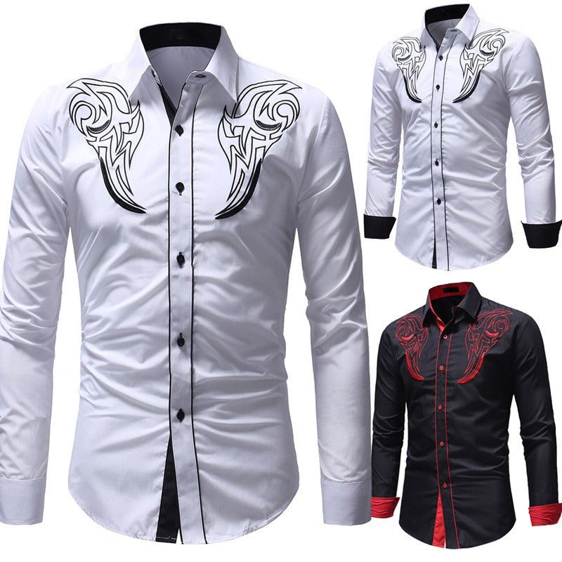 Nouvelle chemise brodée à motif totem classique pour homme, chemise décontractée ajustée à manches longues avec empiècements de couleur pour homme