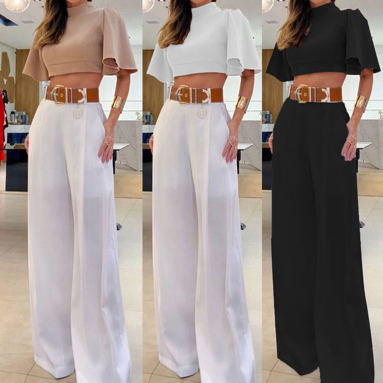 Ensemble décontracté d'été pour femme avec haut à col montant, manches évasées, dos nu croisé et pantalon ample à jambes larges