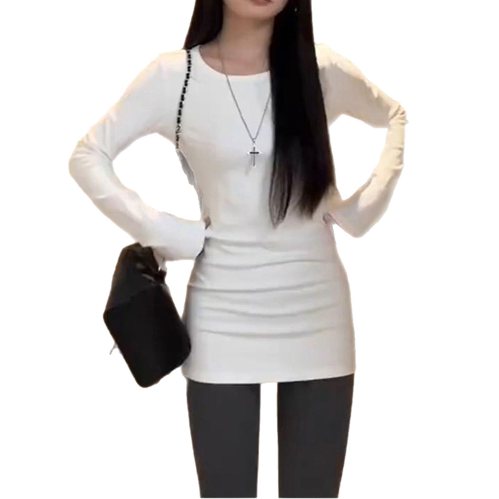 White Regular Shoulder Long Sleeve T-Shirt for Women, Spring Autumn Inner Wear, Mid-Length Basic Shirt, Butt-Covering, Slim Fit Top