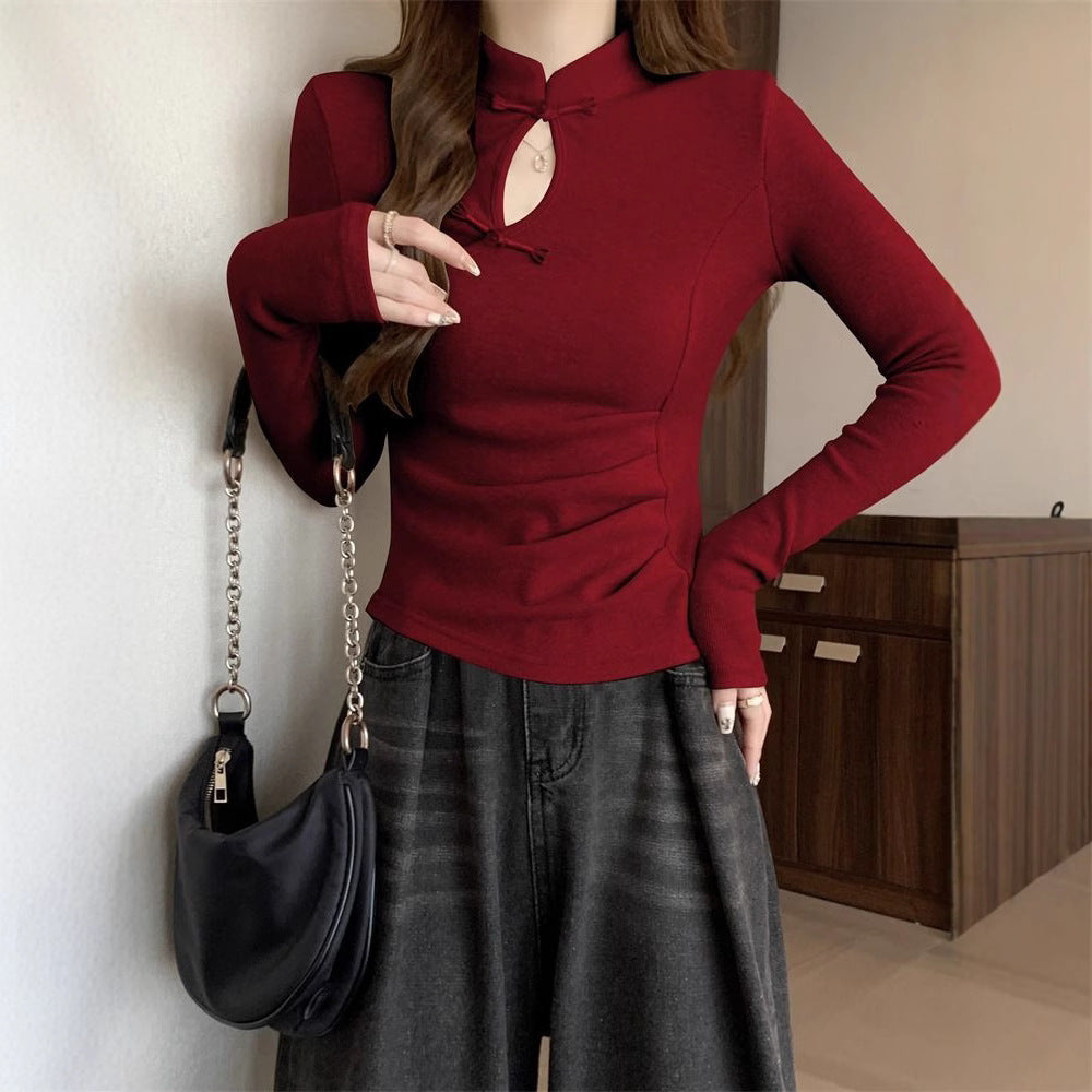 Women's Solid Color Long Sleeve T-Shirt with Unique Design, Autumn/Winter Inner Layer Top