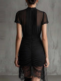 Nouvelle robe européenne noire transparente en dentelle patchwork, coupe slim et longue, jupe fendue avec dentelle
