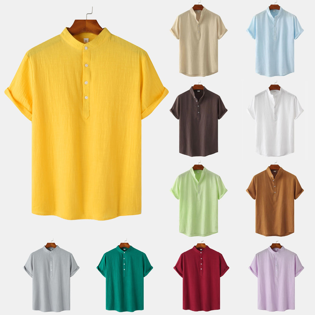 Chemise décontractée à col montant et manches courtes en coton et lin pour homme, T-shirt de plage, Vêtements pour hommes
