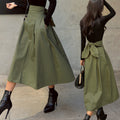 Skirts Womens Korean Fashion Solid Color Big Swing Ladies Skirt Long Skirt  Autumn Wild High Waist Bow Slim Skirts