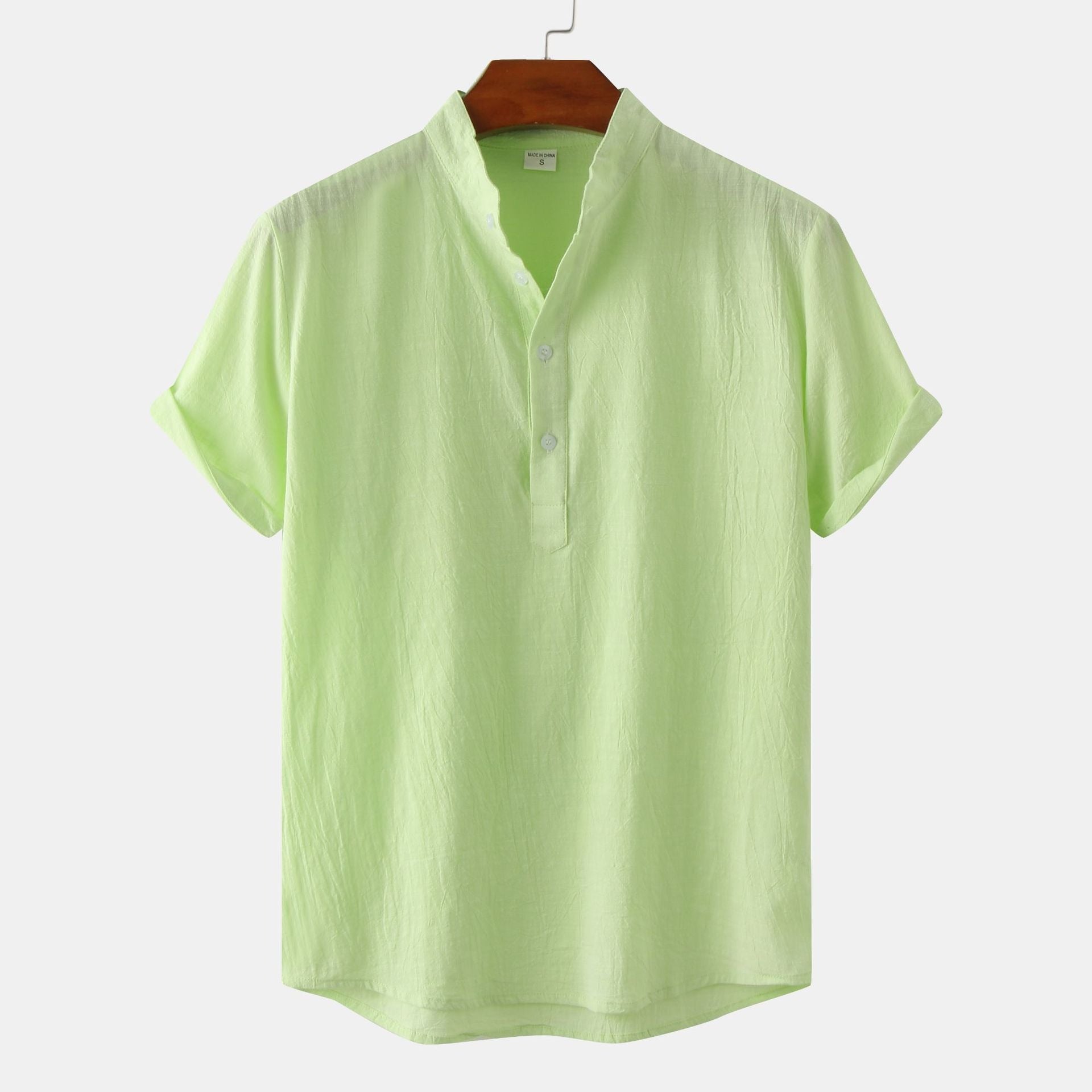 Chemise décontractée à col montant et manches courtes en coton et lin pour homme, T-shirt de plage, Vêtements pour hommes