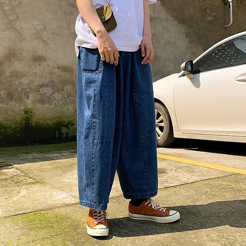 Jeans Ankle-Length  Nouveau cordon de serrage taille élastique Jambe large Homme Ample Doux Jean Hip Hop Streetwear