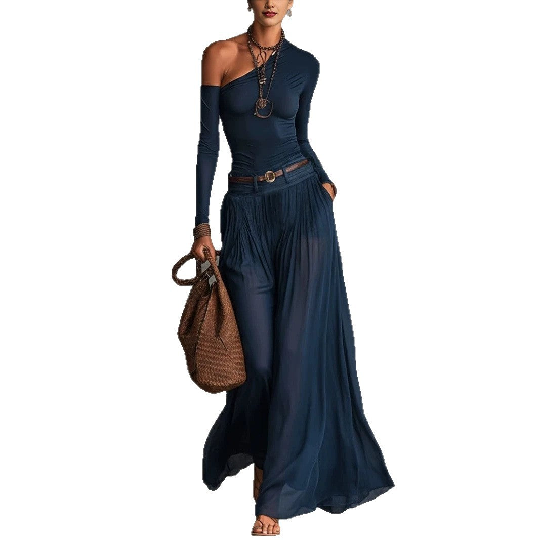 Fashionable Simple Solid Color Asymmetrical Shoulder Long Sleeve Casual Set with Belted Long Dress
