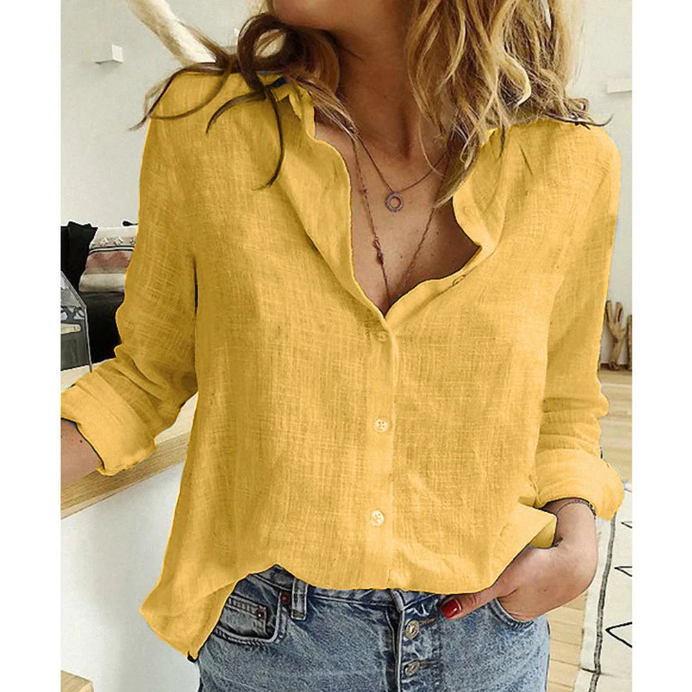 Chemisier décontracté en coton et lin pour femme, haut à revers et boutons, manches longues, coupe ample, grande taille, pour le printemps