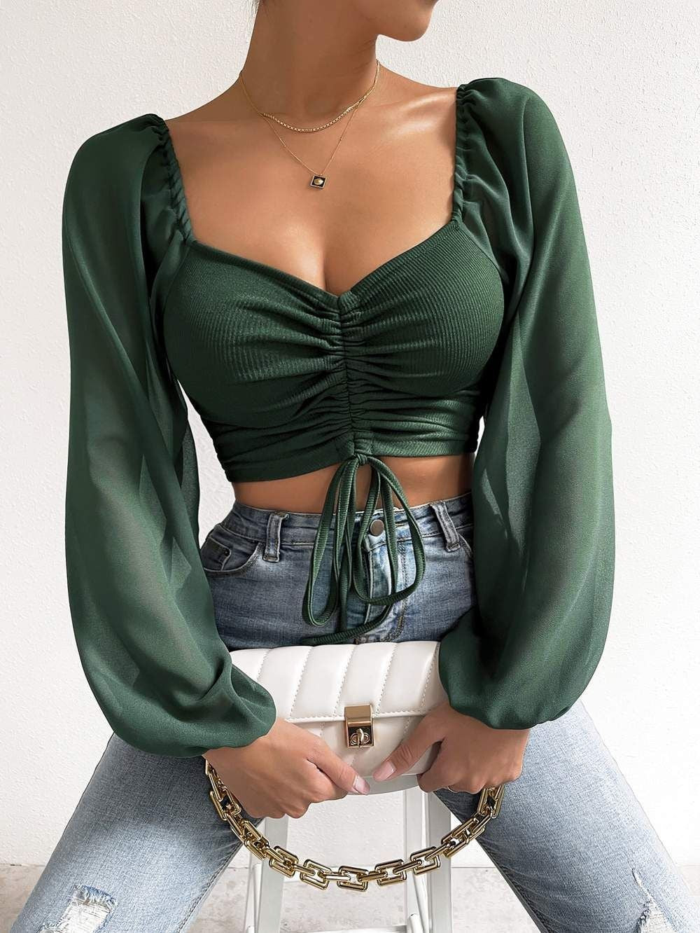 Nouveau haut pour femme en mousseline de soie à rayures, patchwork, cordon de serrage, manches lanternes, ajusté et tendance