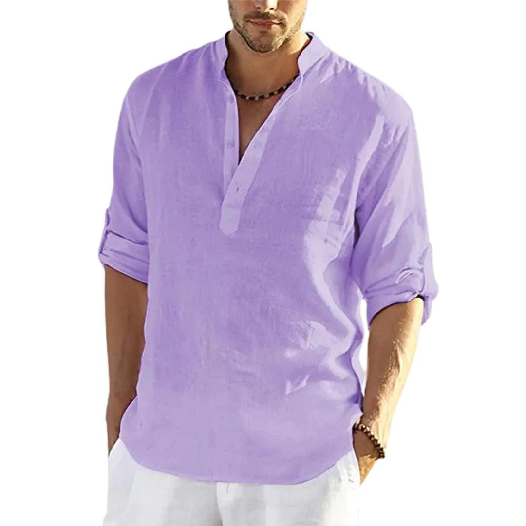 T-shirt en lin pour homme, manches longues, coupe ample, couleur unie, coton et lin, grande taille