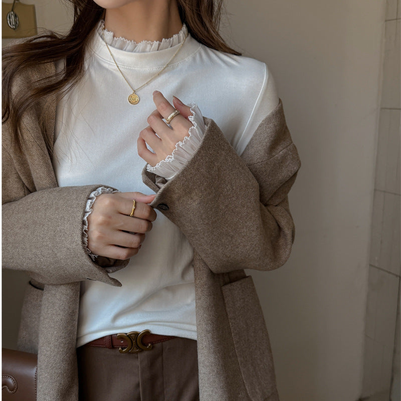 Modest Stand Collar Inner Layer Top for Women, Autumn/WinterPure and Sexy Look, Lace Trim, White, Long Sleeve Shirt