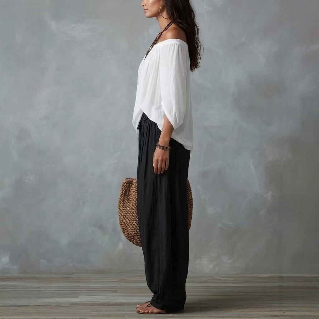 Ensemble T-shirt mode asymétrique et pantalon ample pour femme, tenue décontractée élégante deux pièces à manches longues