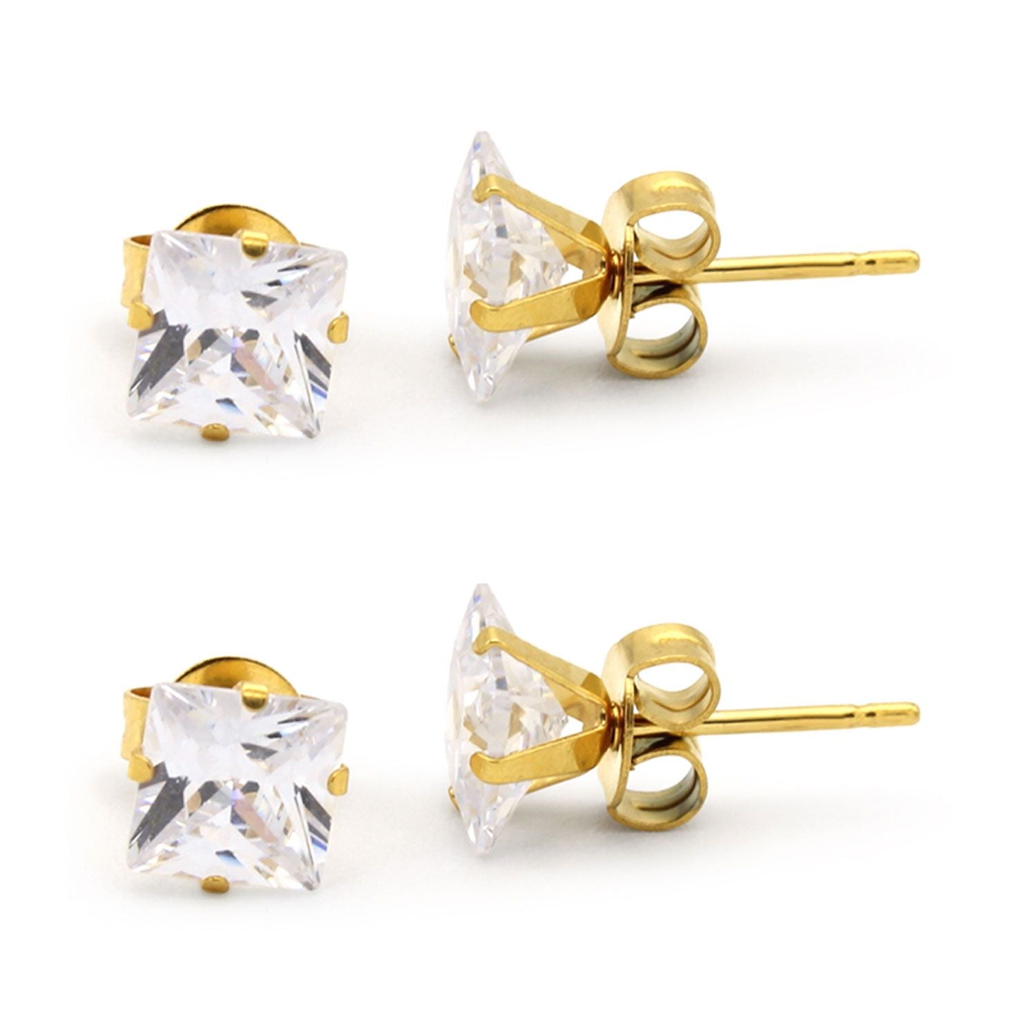 Boucles d'oreilles carrées en oxyde de zirconium plaqué or 14 carats, lot de 2, en acier inoxydable, pour hommes et femmes