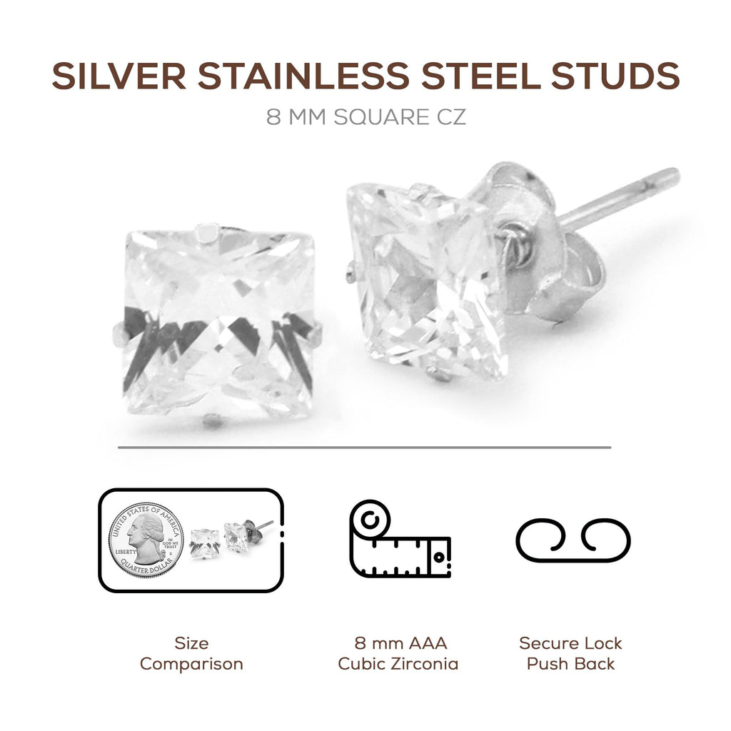 Cubic Zirconia Square Silver Stud Earrings Set Of 2 Stainless Steel Jewelry Men Women