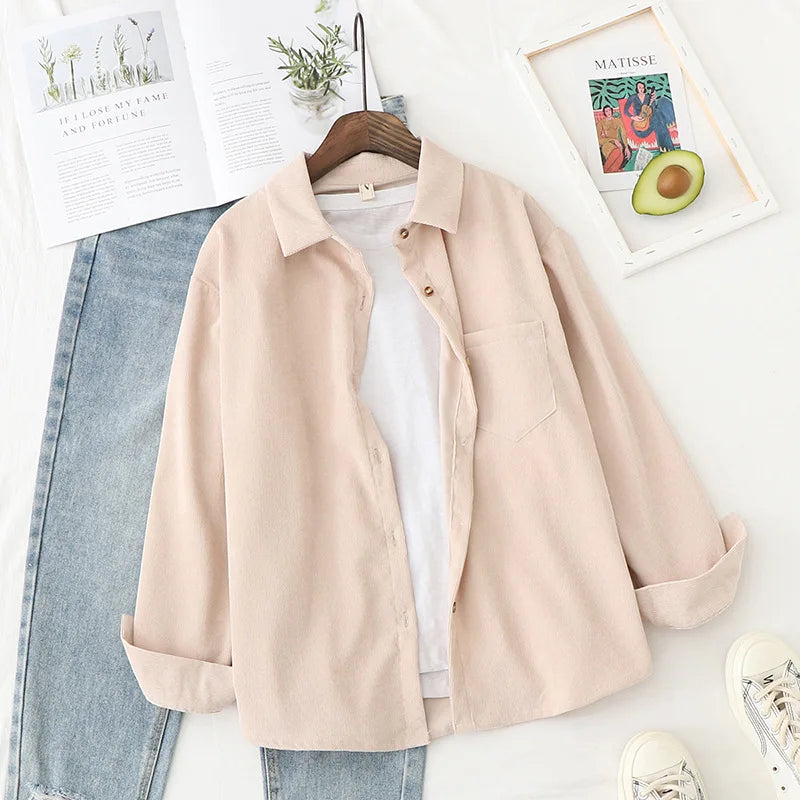 Chemises en velours côtelé pour femmes hauts et chemisiers à manches longues printemps dames couleur unie coupe ample style petit ami