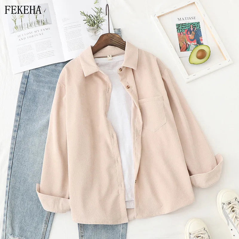 Chemises en velours côtelé pour femmes hauts et chemisiers à manches longues printemps dames couleur unie coupe ample style petit ami