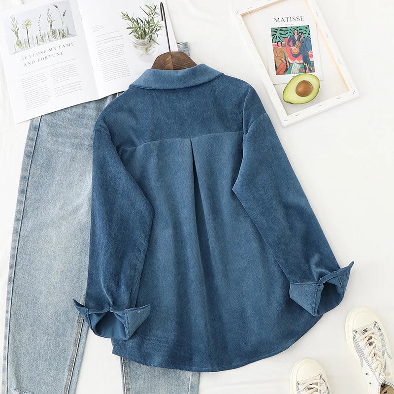 Chemises en velours côtelé pour femmes hauts et chemisiers à manches longues printemps dames couleur unie coupe ample style petit ami