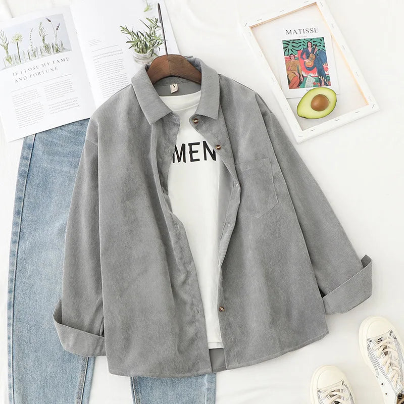 Chemises en velours côtelé pour femmes hauts et chemisiers à manches longues printemps dames couleur unie coupe ample style petit ami