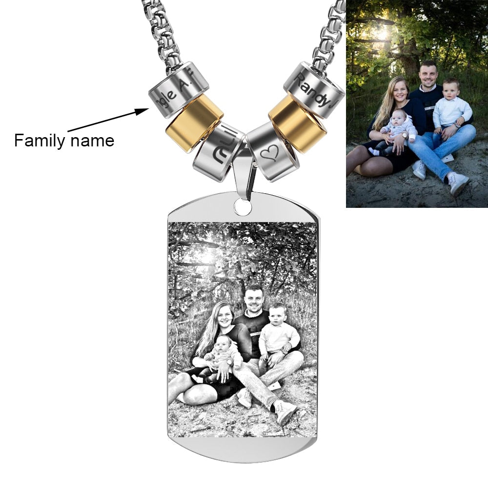 Collier personnalisé en argent avec pendentif carré et photo de famille, pour femme et homme