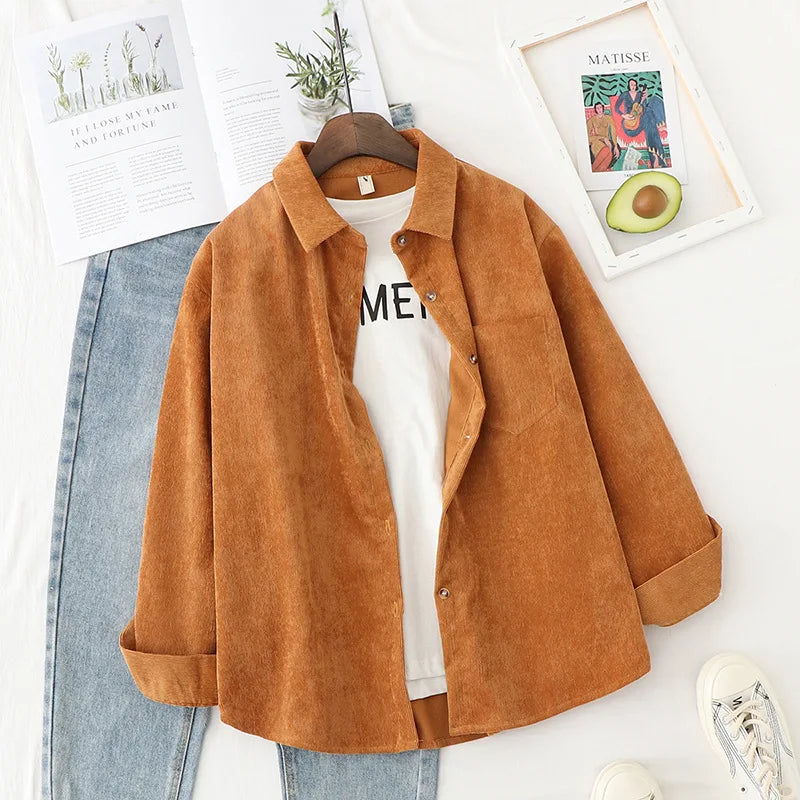 Chemises en velours côtelé pour femmes hauts et chemisiers à manches longues printemps dames couleur unie coupe ample style petit ami