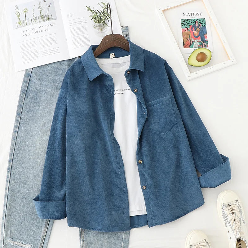 Chemises en velours côtelé pour femmes hauts et chemisiers à manches longues printemps dames couleur unie coupe ample style petit ami